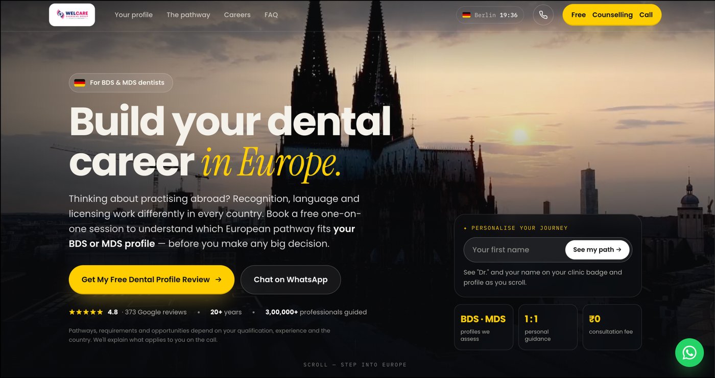 Welcare dental page: Build your dental career in Europe