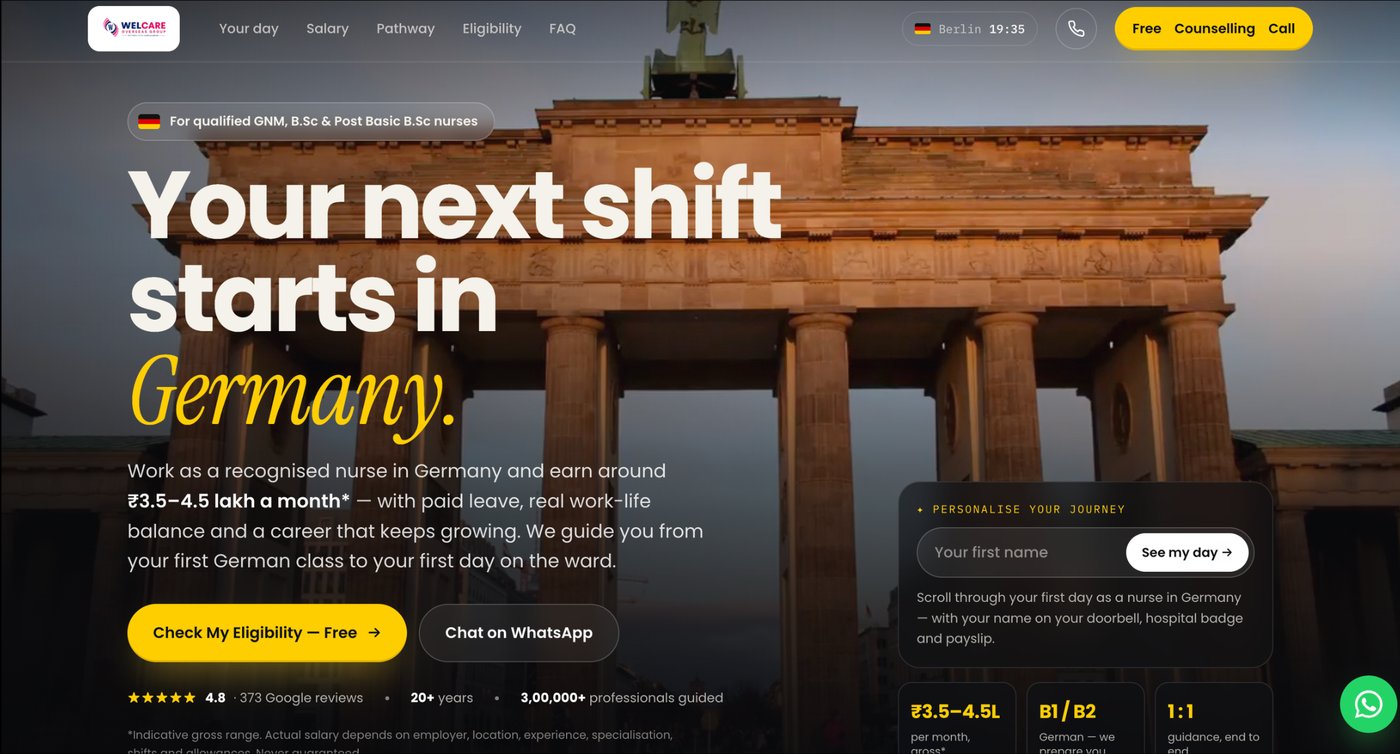 Landing page with the headline Your next shift starts in Germany