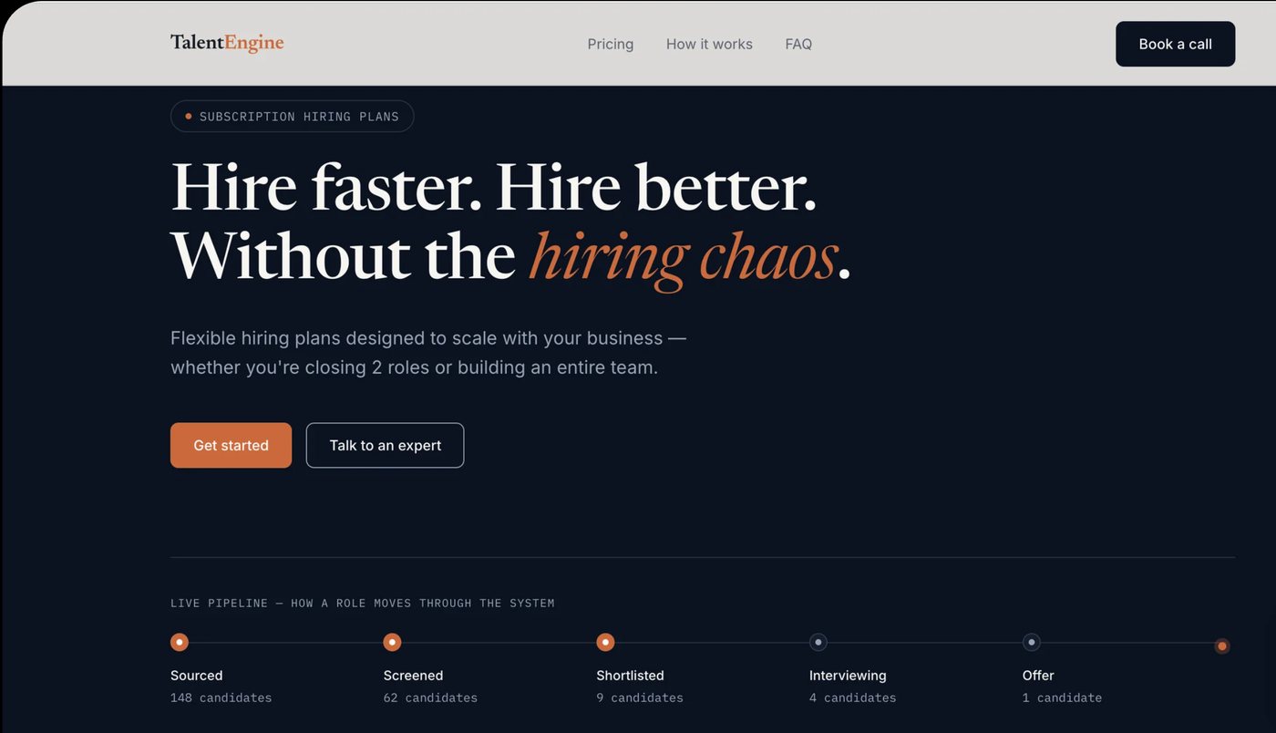 Talent agency landing page: Hire faster. Hire better. Without the hiring chaos.